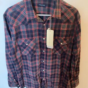 Men's Navy and Red Plaid Casual Shirt with snap buttons